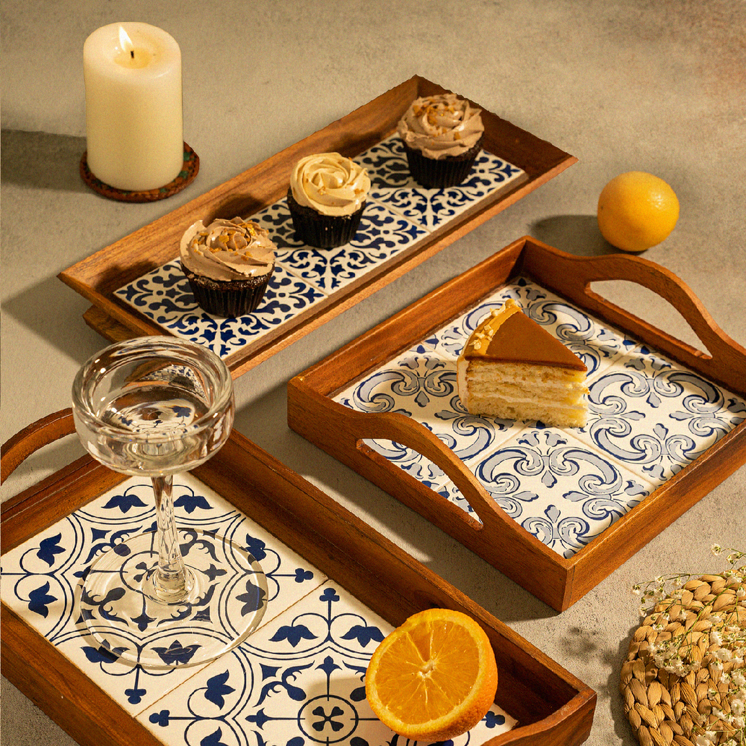 Serveware collection in wood inlaid with Azulejos or Ceramic Tiles. Serving Trays and Platter. Decorative,Functional & Aesthetic. Decorative Trays. Handmade by local artisans. Made in India.