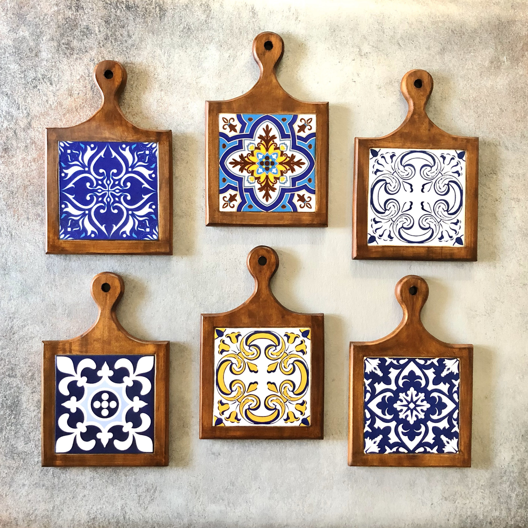 Wooden Platters inlaid with Azulejos or Ceramic Tiles, can be used as Table decor and wall decor. Decorative, Aesthetic and functional decor. Handmade by local artisans. Made in India