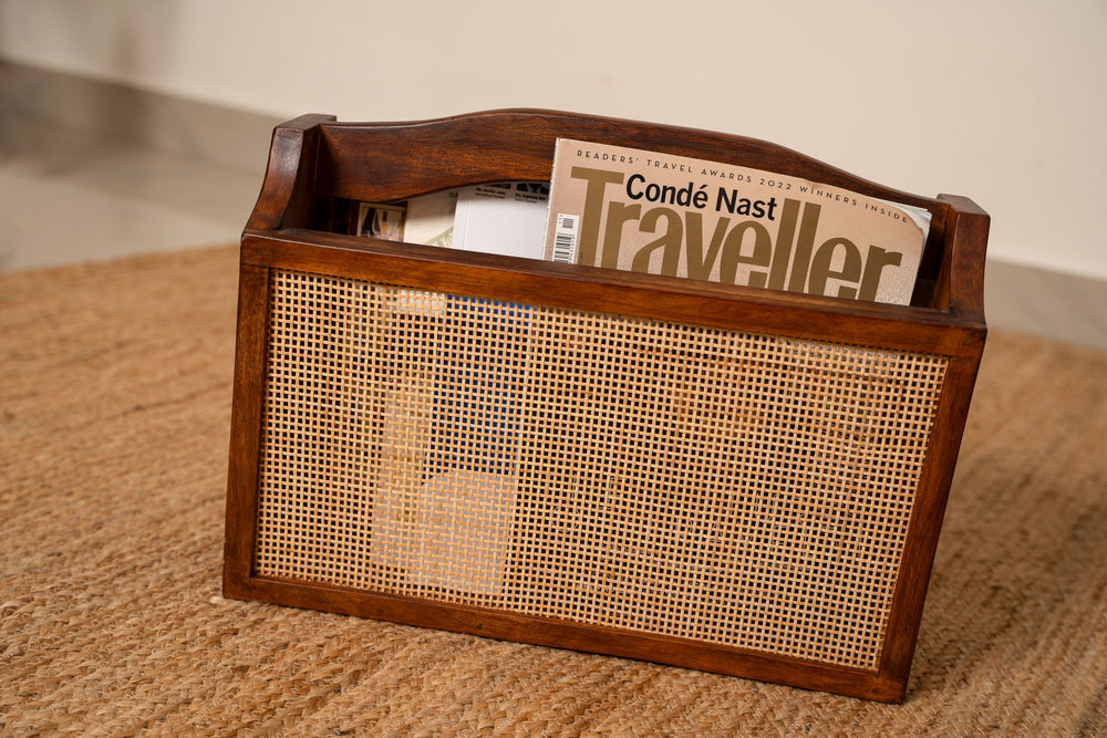 wooden magazine rack made with wood and  handwoven wicker to organise and store your newspapers and magazines